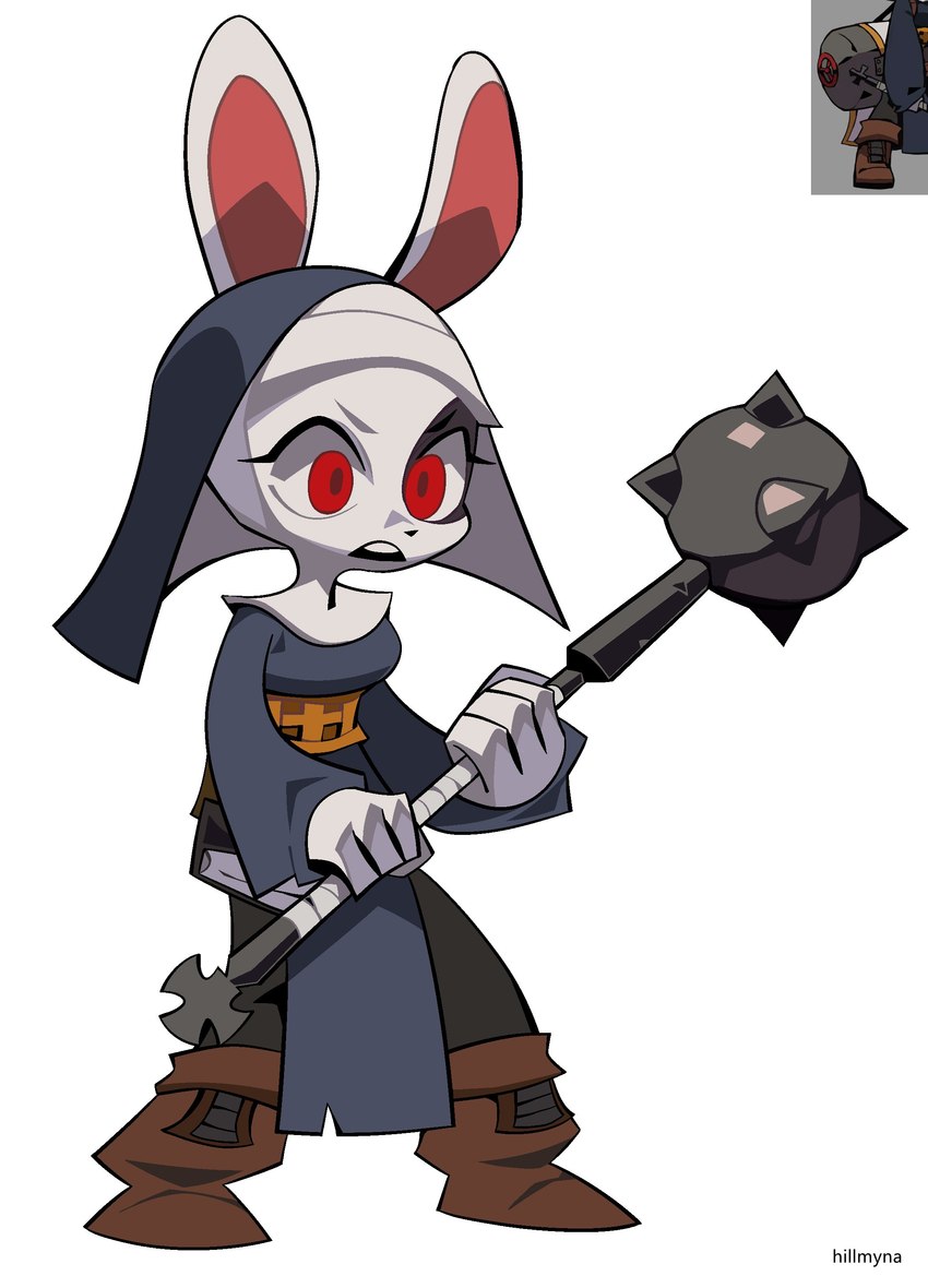 4_fingers anthro clothed clothing female fingers fur mace melee_weapon nun red_eyes simple_background text weapon white_background white_body white_fur hillmyna niking nun_bun_(niking) lagomorph leporid mammal rabbit absurd_res artist_name hi_res