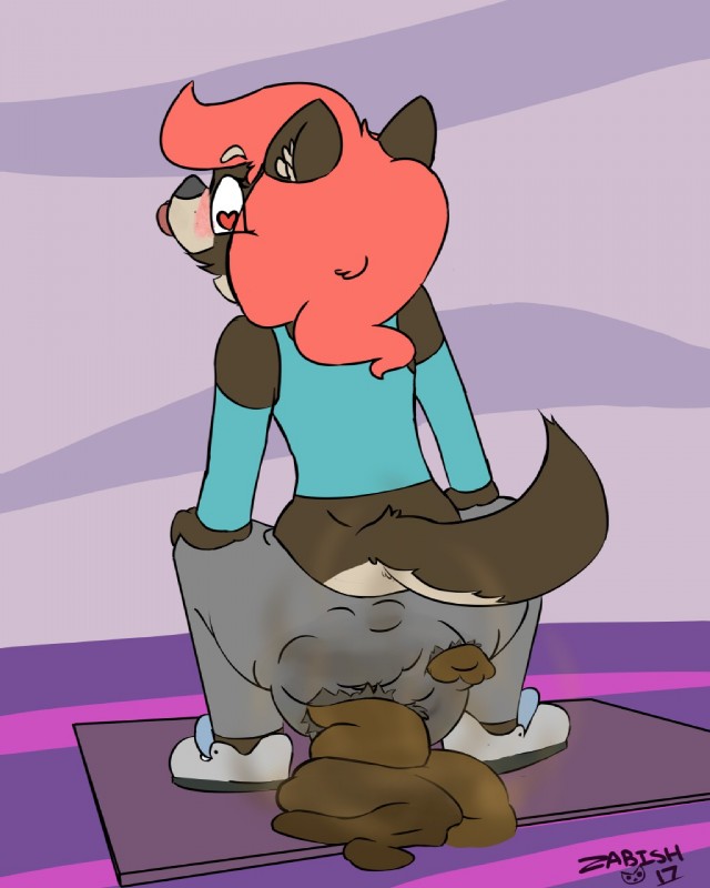 anthro biped bottomwear clothed clothing crouching feces fully_clothed fur hair male pants pooping scatplay shirt simple_background soiling solo topwear torn_clothing yoga_pants zadirtybish zabi_(zabish) canid canine canis mammal wolf 4:5 hi_res signature