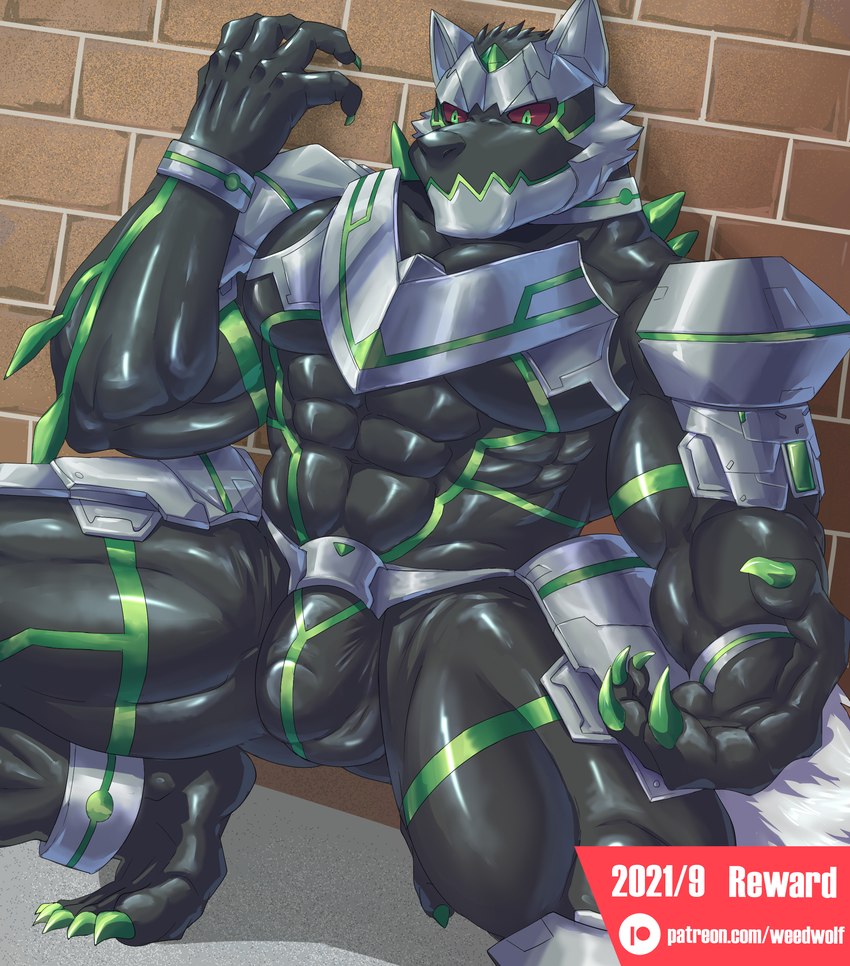 5_toes abs anthro barefoot bodysuit brick_wall bulge claws clothing crouching detailed_bulge feet finger_claws fingers genital_outline green_claws humanoid_feet humanoid_hands male muscular muscular_anthro muscular_male pecs penis_outline plantigrade skinsuit solo text tight_clothing toes wall_(structure) weedwolf weedwolfeatmeat lifewonders live_a_hero monomasa canid canine canis domestic_dog husky mammal monster nordic_sled_dog spitz absurd_res hi_res url