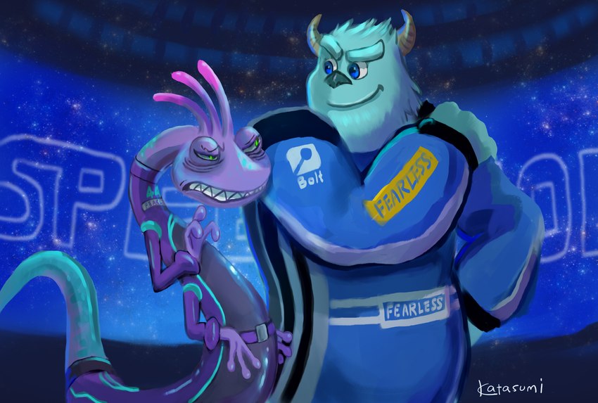 annoyed anthro biped blue_body blue_eyes blue_fur clothed clothing duo fur horn male multi_arm multi_limb purple_body purple_scales racing_suit scales smile smirk katasum1 disney disney_speedstorm gameloft monsters_inc pixar randall_boggs sulley monster 2023 hi_res signature