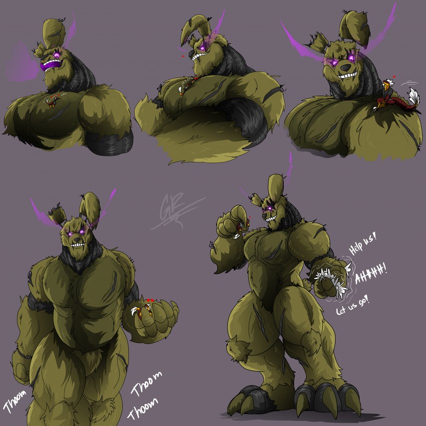 anthro barazoku between_pecs biceps biped blush breath carrying_another carrying_partner crotch_tuft extreme_size_difference featureless_crotch fur green_body green_fur grey_background group heart_symbol machine macro male male/male muscular muscular_anthro muscular_male muscular_thighs onomatopoeia open_mouth open_smile pecs purple_eyes quads scar scared simple_background size_difference smile sound_effects standing tail tail_motion tailwag teeth text thick_thighs tongue tongue_out tuft grilder123 five_nights_at_freddy's five_nights_at_freddy's_3 mythology scottgames grilder_(character) springtrap_(fnaf) animatronic dragon human lagomorph leporid mammal mythological_creature mythological_scalie rabbit robot scalie 1:1 2023 digital_media_(artwork) hi_res