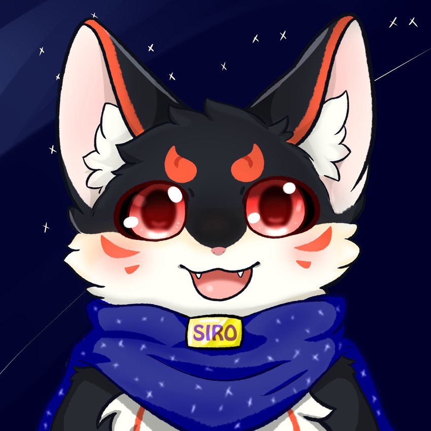 :3 anthro big_eyes biped black_body black_outline countershading cute_fangs facial_markings front_view head_markings male markings mostly_nude night open_mouth outline outside red_eyes red_markings satosiro scarf scarf_only sky skyscape solo star star_clothing starry_sky unknown_artist canid canine fox mammal 1:1 absurd_res bust_portrait digital_media_(artwork) hi_res portrait source_request