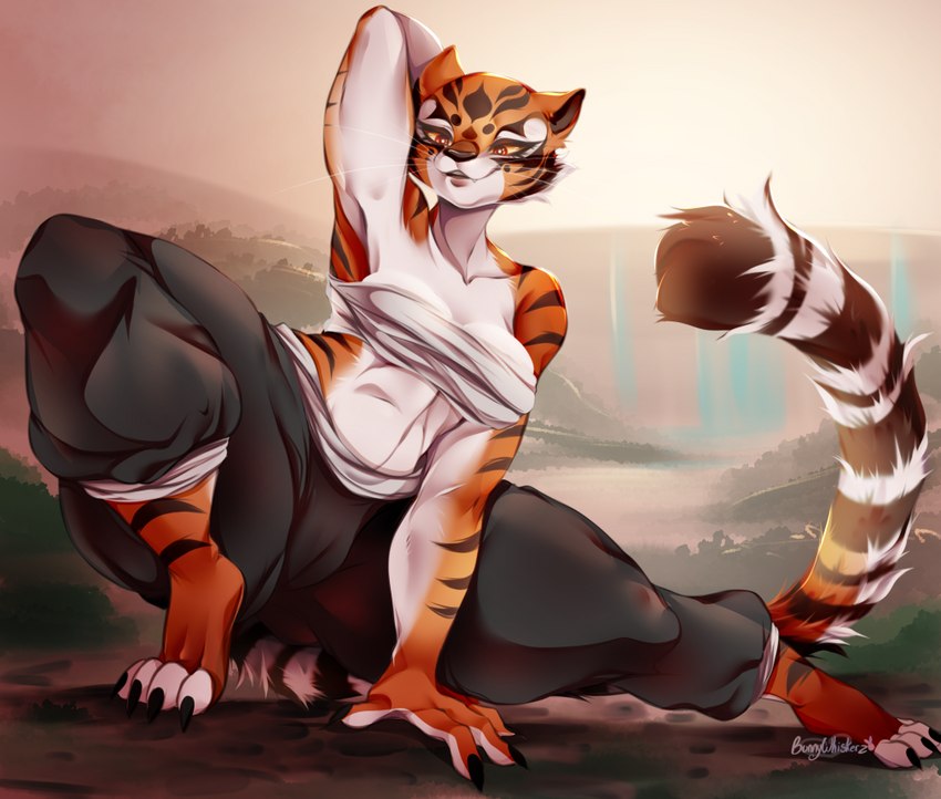 anthro barefoot bottomwear breasts camel_toe clothed clothing feet female fur long_tail outside pants solo spread_legs spreading striped_body striped_fur stripes tail thick_thighs bunnywhiskerz dreamworks kung_fu_panda master_tigress felid mammal pantherine tiger digital_media_(artwork) shaded