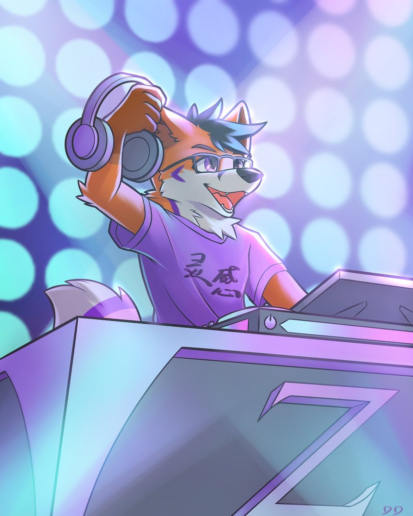 anthro clothing eyewear fur glasses holding_headphones male open_mouth open_smile orange_body orange_fur purple_body purple_clothing purple_fur purple_shirt purple_topwear shirt smile solo topwear vesper_lux white_body white_fur ddgio canid canine fox mammal 2021 4:5 digital_media_(artwork) hi_res signature