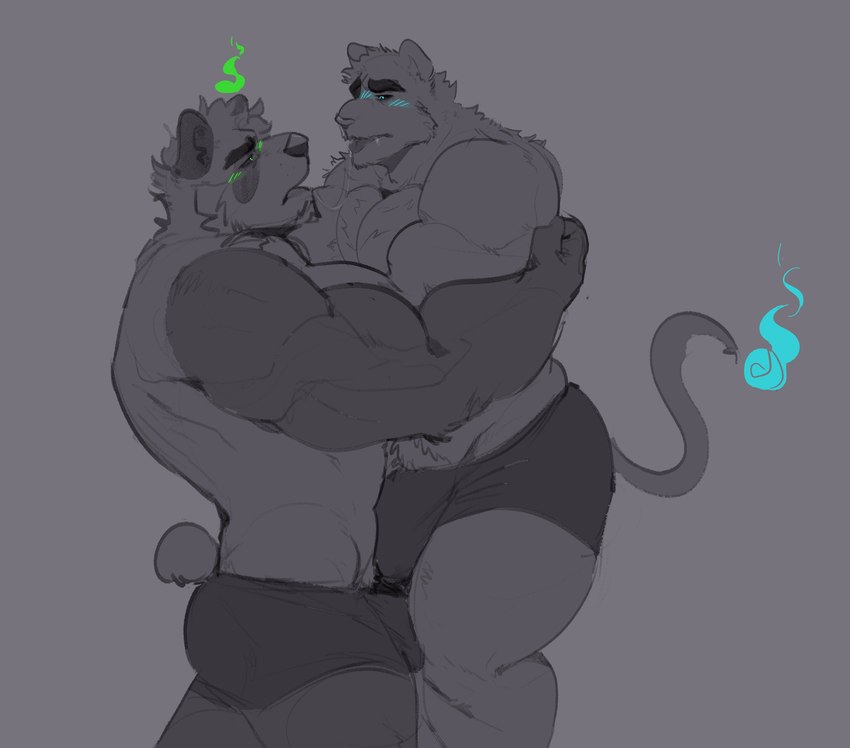 after_kiss anthro barazoku big_bulge blue_eyes blush bodily_fluids bulge carrying_another clothing duo green_eyes grey_background grey_body hug male muscular muscular_anthro muscular_male saliva saliva_string simple_background tongue tongue_out underwear melaisen alvin_(melaisen) bernard_(melaisen) bear demon felid giant_panda mammal pantherine 2022 absurd_res digital_drawing_(artwork) digital_media_(artwork) hi_res portrait spot_color three-quarter_portrait