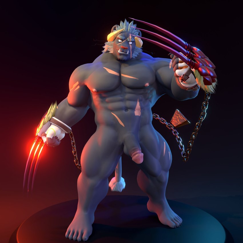 abs anthro balls black_body black_fur chain claw_weapons fur genitals glans grey_hair hair horn humanoid_genitalia humanoid_penis male muscular muscular_anthro muscular_male navel nipples nude pecs penis scar solo tusks maligma5 lifewonders tokyo_afterschool_summoners krampus_(tas) monster 1:1 3d_(artwork) digital_media_(artwork) hi_res