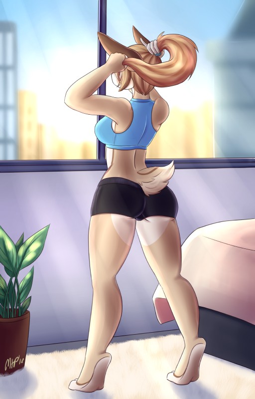 anthro bed bedroom bottomwear bra breasts butt clothed clothing female fur furniture hair long_legs plant ponytail rear_view shorts solo sports_bra sportswear standing tying_hair underwear window mina-the-pie lagomorph leporid mammal rabbit 2018 absurd_res digital_media_(artwork) hi_res