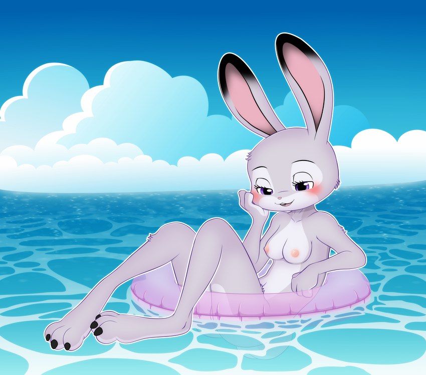 anthro biped blush breasts butt casual_nudity cloud female floating fur grey_body grey_fur inflatable inner_tube nipples nude nude_female outside pool_toy purple_eyes sea seascape skinny_dipping sky solo summer water unolvidadomas disney zootopia judy_hopps lagomorph leporid mammal rabbit absurd_res hi_res