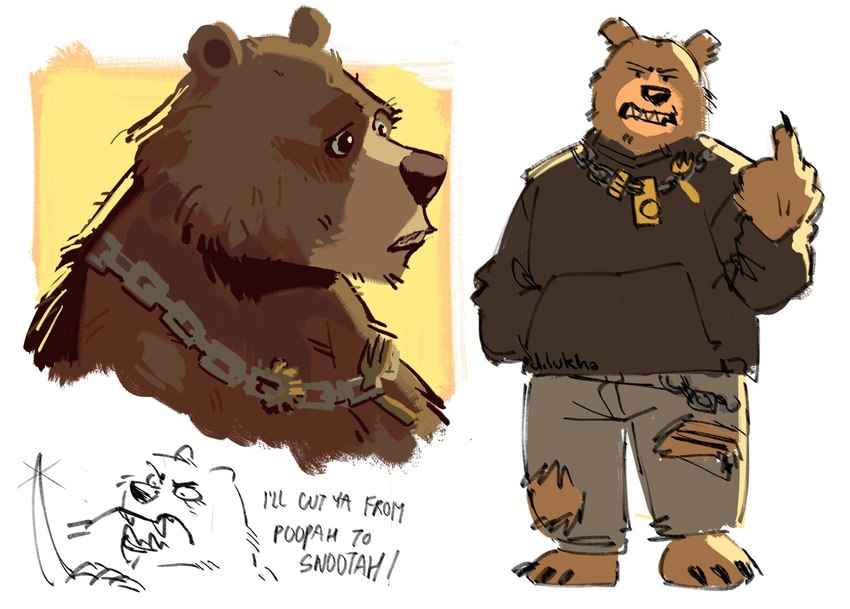 anthro biped bottomwear brown_body brown_nose clothing hoodie humanoid_hands male pants solo text topwear nyaalgebra dreamworks puss_in_boots_(franchise) baby_bear baby_bear_(puss_in_boots) bear mammal 2023 english_text