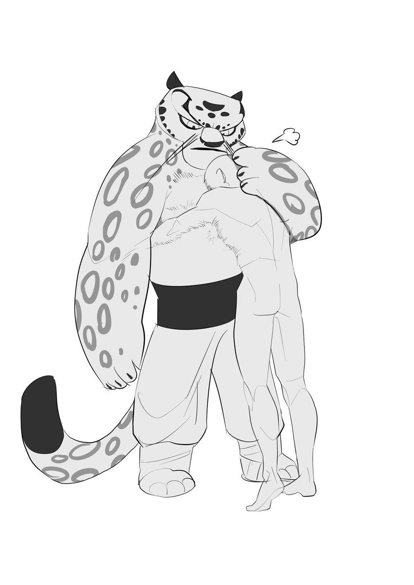 clothed clothing duo fur hug male markings simple_background spots spotted_body spotted_fur topless whiskers white_background yukihyo_saikou dreamworks kung_fu_panda tai_lung_(kung_fu_panda) felid human mammal pantherine snow_leopard hi_res monochrome