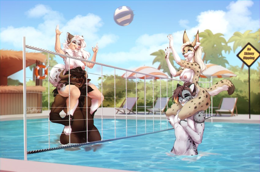 animal_genitalia anthro ball big_breasts breaking_the_rules breasts brown_body brown_fur carrying_another casual_nudity female fully_sheathed fur genitals grey_body grey_fur group hair male male/female net nipples on_shoulders outside playing sheath sign sitting_on_shoulders smile sport swimming_pool tan_body tan_fur volleyball volleyball_(ball) volleyball_net water wet white_hair buffreyra aaron_(spacecamper) kasey_kyle naomi_smith_(sweetburn) australian_shepherd bovid bovine canid canine canis cattle domestic_dog felid feline herding_dog lynx mammal pantherine pastoral_dog sheepdog snow_leopard absurd_res hi_res