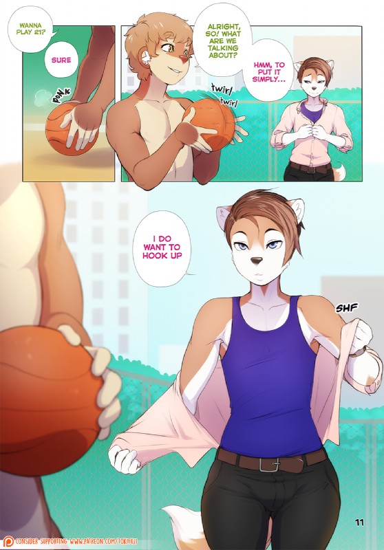 anthro basketball blue_eyes brown_body brown_fur brown_hair clothed clothing countershading dialogue duo femboy fur green_eyes hair male shirt speech_bubble tank_top text topless topwear undressing tokifuji adrian_iliovici milo_stefferson canid canine fox mammal mustelid otter 2019 comic digital_media_(artwork) english_text hi_res