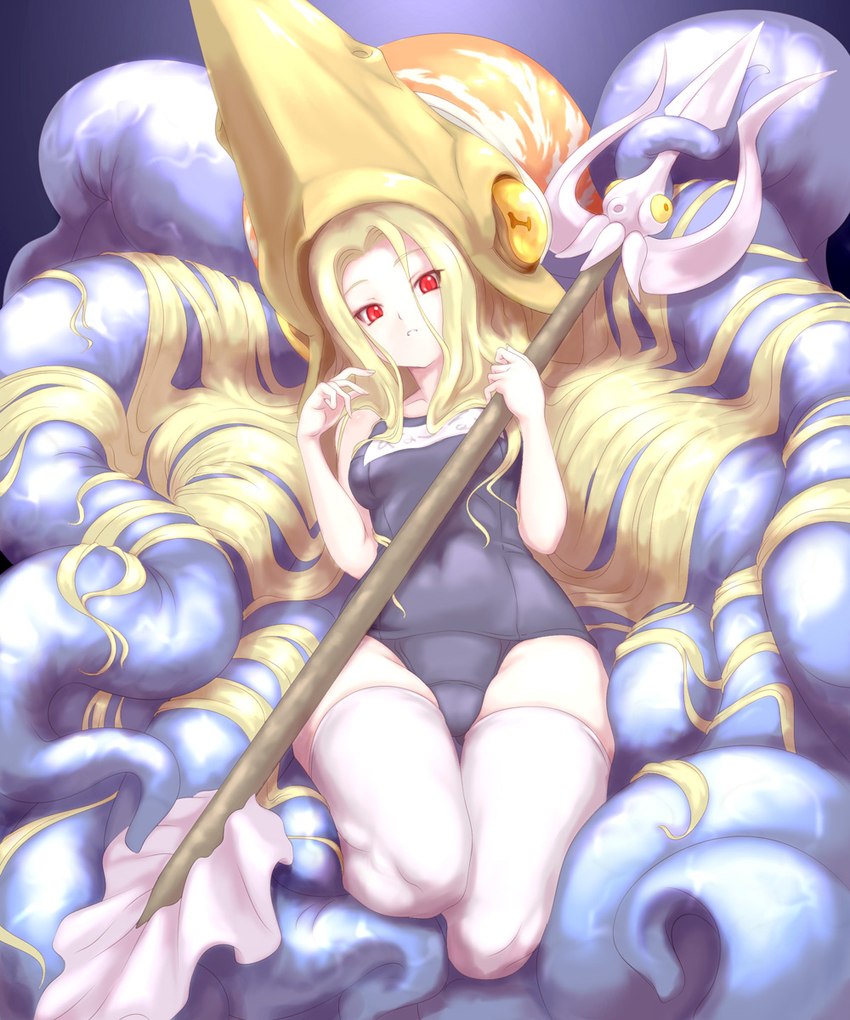 4_eyes black_eyes blonde_hair blue_clothing blue_swimwear blue_tentacles breasts clothing eyelashes female hair holding_melee_weapon holding_object holding_polearm holding_spear holding_weapon horizontal_pupils legwear long_hair looking_at_viewer melee_weapon midnight_bliss multi_eye one-piece_swimsuit orange_sclera polearm pupils purple_background red_eyes school_swimsuit shell simple_background small_breasts solo spear swimwear tan_body tan_skin tentacles thick_thighs thigh_highs weapon white_clothing white_legwear white_thigh_highs wide_hips kous red_earth hydron_(red_earth) animal_humanoid cephalopod cephalopod_humanoid humanoid marine marine_humanoid mollusk mollusk_humanoid nautilus nautilus_humanoid hi_res