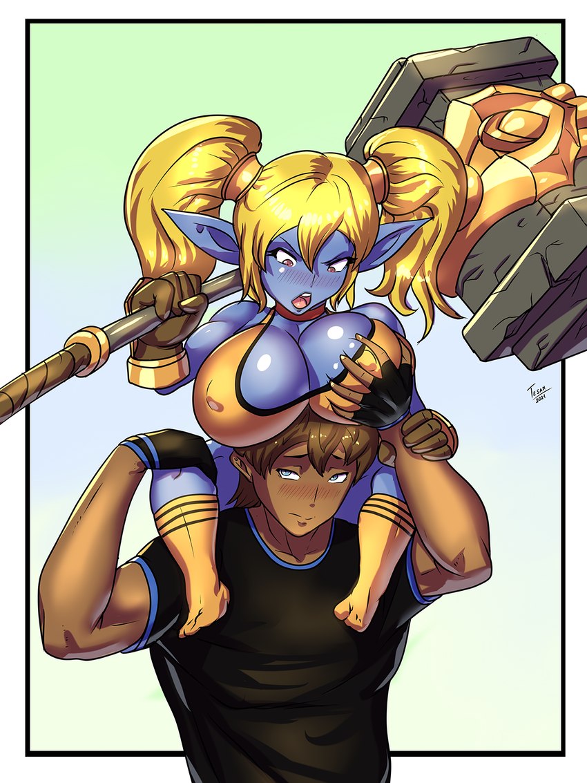 big_breasts blonde_hair blue_body blush breast_grab breast_play breasts carrying_another cleavage clothed clothing duo female hair hammer hand_on_breast huge_breasts humanoid_pointy_ears male male/female maul nipple_outline nipples on_shoulders pigtails pointy_ears shirt short_stack skimpy t-shirt tools topwear tesan league_of_legends riot_games tencent poppy_(lol) human humanoid mammal yordle 3:4 hi_res