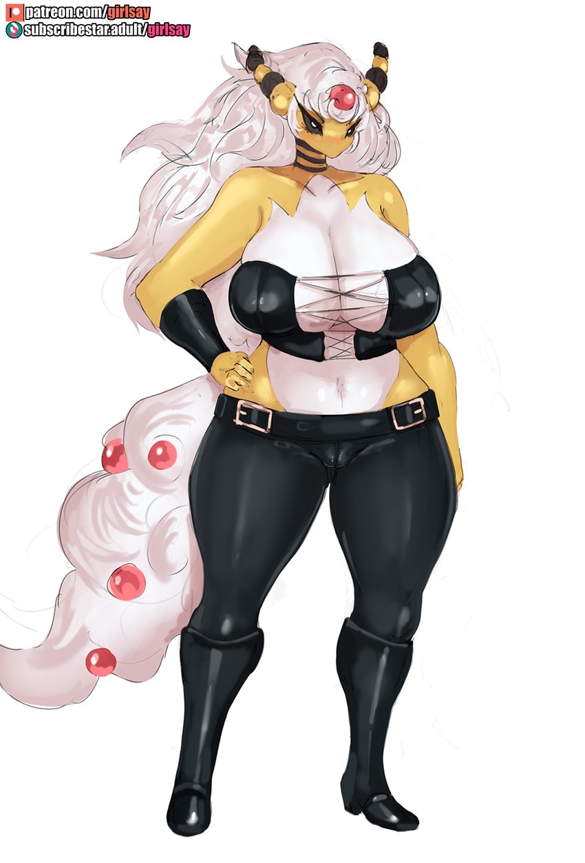 anthro big_breasts breasts cleavage clothed clothing curvy_figure female hair hand_on_hip multicolored_body patreon_logo simple_background solo subscribestar_logo text two_tone_body voluptuous white_background white_hair girlsay capcom devil_may_cry nintendo patreon pokemon subscribestar trish_(devil_may_cry) generation_6_pokemon mega_ampharos mega_evolution pokemon_(species) hi_res url