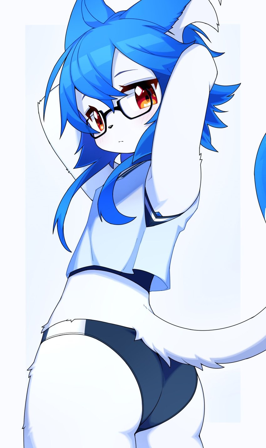 amber_eyes anthro arms_above_head blue_ears blue_hair blue_tail blush butt butt_pose clothed clothing crop_top eyewear femboy fur glasses hair kemono looking_at_viewer looking_back looking_back_at_viewer male midriff multicolored_clothing pose raised_tail shirt simple_background solo sports_panties standing tail topwear two_tone_clothing underwear white_body white_butt white_fur white_tail young young_anthro devil-vox devy_(devil-vox) domestic_cat felid feline felis mammal 2021 hi_res