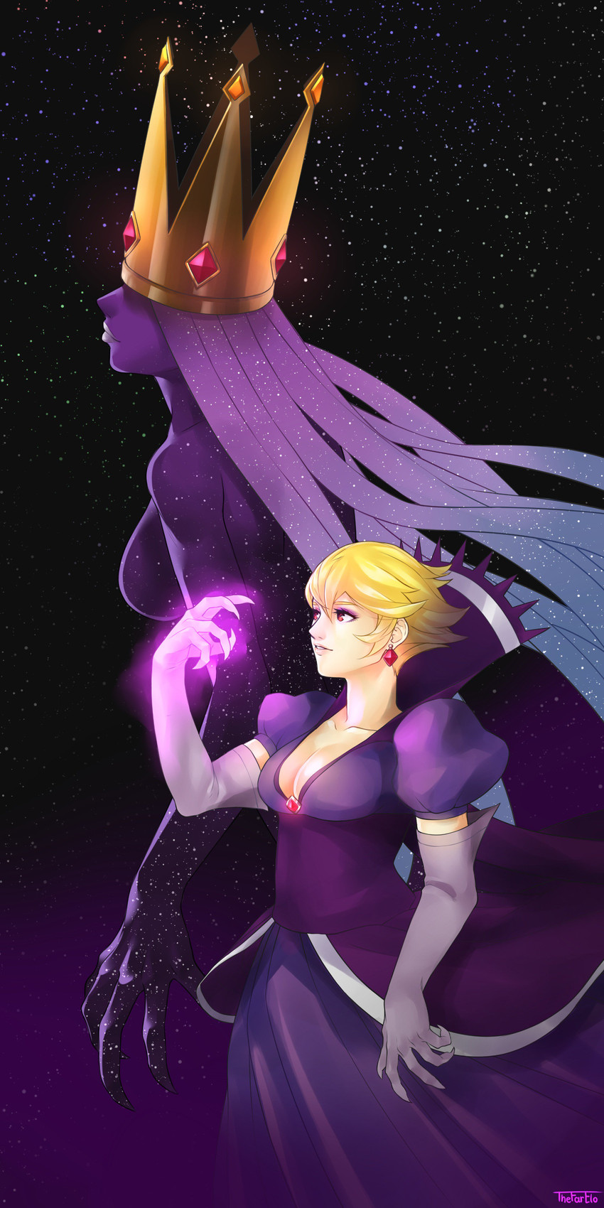 armwear blonde_hair breasts claws cleavage clothed clothing crown dress duo ear_piercing female hair headgear not_furry piercing simple_background thefarelo mario_bros nintendo paper_mario princess_peach shadow_queen shadow_queen_(peach) ghost human humanoid mammal spirit 1:2 2019 absurd_res digital_media_(artwork) hi_res