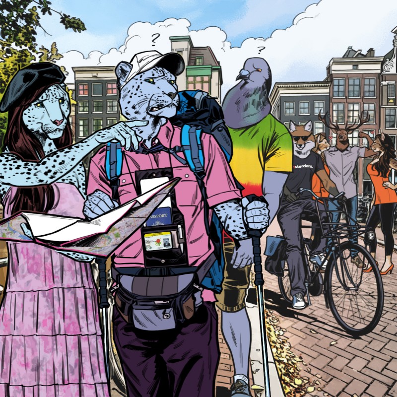 amsterdam_(city) anthro beak bicycle cere_(anatomy) clothed clothing female flexing flirting group hat headgear headwear heart_symbol male muscular outside passport question_mark smile standing vehicle billmund creatures_of_the_night dodger_(creatures_of_the_night) snowy_(creatures_of_the_night) the_stag wingman avian bird canid canine columbid deer felid fox leopard mammal pantherine pigeon rock_dove snow_leopard 1:1 hi_res