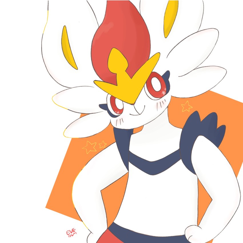 ambiguous_gender anthro blush fur hands_on_hips leaning leaning_sideways orange_background red_eyes simple_background smile solo standing star white_body white_fur yellow_inner_ear eve_(artist) nintendo pokemon cinderace generation_8_pokemon pokemon_(species) 1:1 2023 hi_res