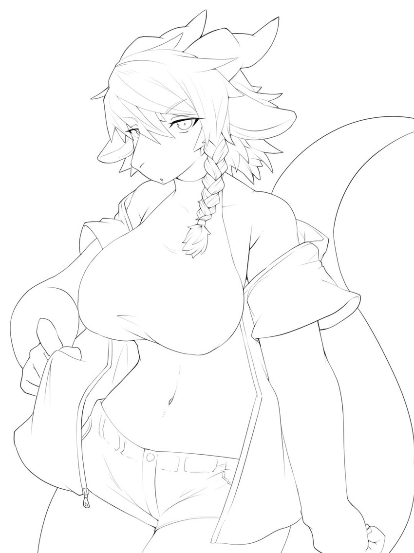 5_fingers :o anthro bangs bare_shoulders big_breasts biped bottomwear braided_hair breasts clothed clothing eye_through_hair eyebrow_through_hair eyebrows female female_anthro fingers fully_clothed hair hair_between_eyes horn hotpants kemono legs_together long_hair navel non-mammal_breasts non-mammal_navel off_shoulder open_clothing open_mouth raised_tail shorts simple_background solo tail translucent translucent_hair white_background hanadaiteol mythology nere dragon mythological_creature mythological_scalie scalie wingless_dragon 2018 digital_media_(artwork) hi_res line_art monochrome portrait three-quarter_portrait