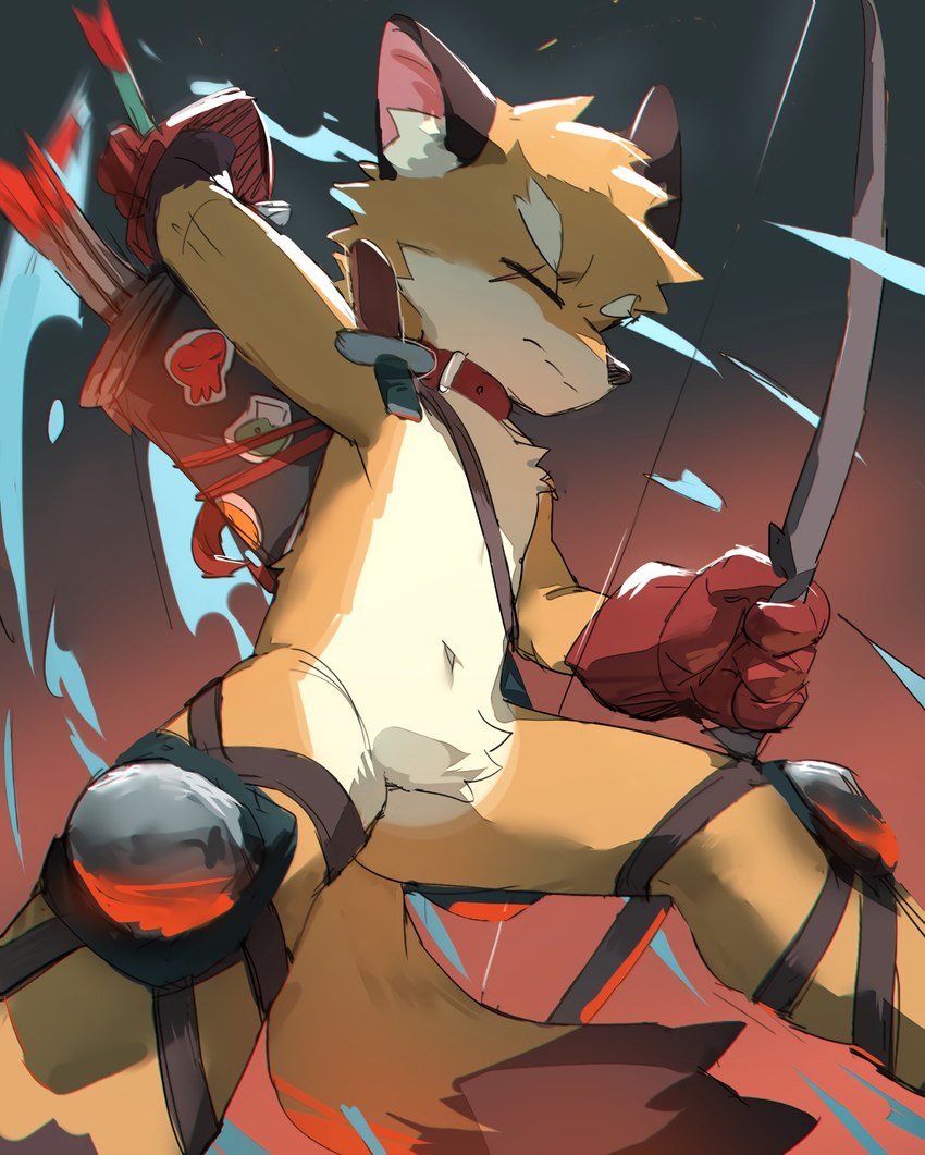 anthro arrow_(weapon) biped bow_(weapon) clothing countershade_face countershade_fur countershade_torso countershading dipstick_tail fur gloves handwear holding_object holding_weapon inner_ear_fluff kemono male markings ranged_weapon solo tail tail_markings tuft weapon young young_anthro young_male nekowuwu nekowuwu_(character) canid canine fox mammal hi_res