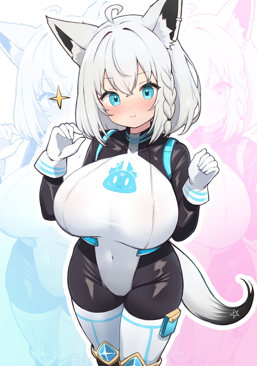 ahoge alternate_breast_size big_breasts blue_eyes blush blush_lines braided_hair breasts female hair huge_breasts looking_at_viewer markings navel smile smiling_at_viewer solo sparkles tail tail_markings thick_thighs white_hair wide_hips zazami_d hololive vtuber shirakami_fubuki animal_humanoid canid canid_humanoid canine canine_humanoid fox_humanoid humanoid mammal mammal_humanoid absurd_res hi_res