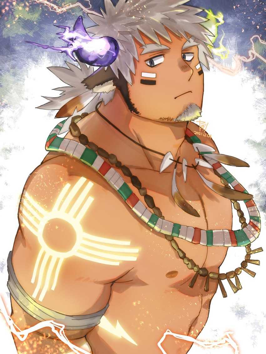 armband eye_black facial_hair glowing glowing_tattoo goatee grey_eyes hair horn jewelry loose_feather male necklace nipples solo tattoo tribal white_hair yanutorie lifewonders tokyo_afterschool_summoners wakan_tanka_infinity_(tas) animal_humanoid bovid bovid_humanoid humanoid mammal mammal_humanoid 2021 3:4 dated hi_res