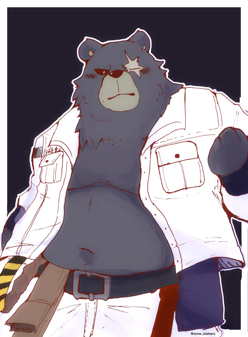 anthro belly black_body blush bottomwear clothed clothing kemono male navel open_clothing open_shirt open_topwear overweight overweight_male pants scar shirt solo topwear snow_utamaru mihoyo zenless_zone_zero ben_bigger bear mammal 2022 hi_res