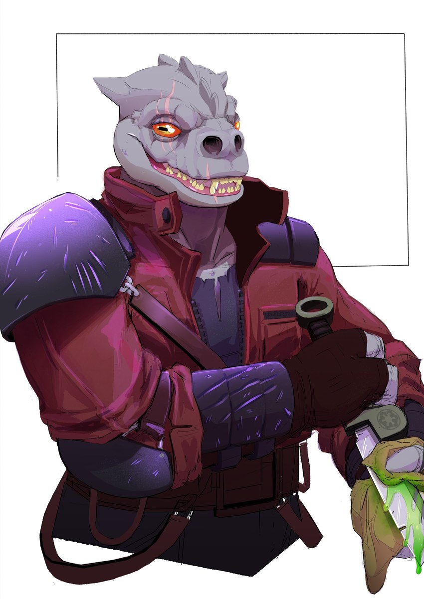 anthro biped clothed clothing facial_scar grey_body male melee_weapon orange_eyes poison red_clothing scar sharp_teeth simple_background smile solo teeth weapon white_background daire301 star_wars alien reptile scalie trandoshan 2018 absurd_res digital_media_(artwork) hi_res