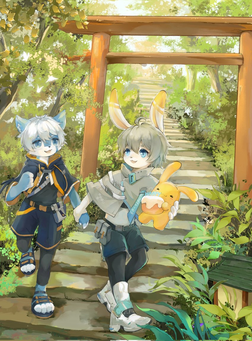 anthro clothed clothing detailed_background duo eye_contact happy_birthday holding_object holding_plushie holding_wrist looking_at_another male plushie stairs torii walking young emolga_1 hs58119148 felid feline lagomorph leporid mammal rabbit 2023 hi_res