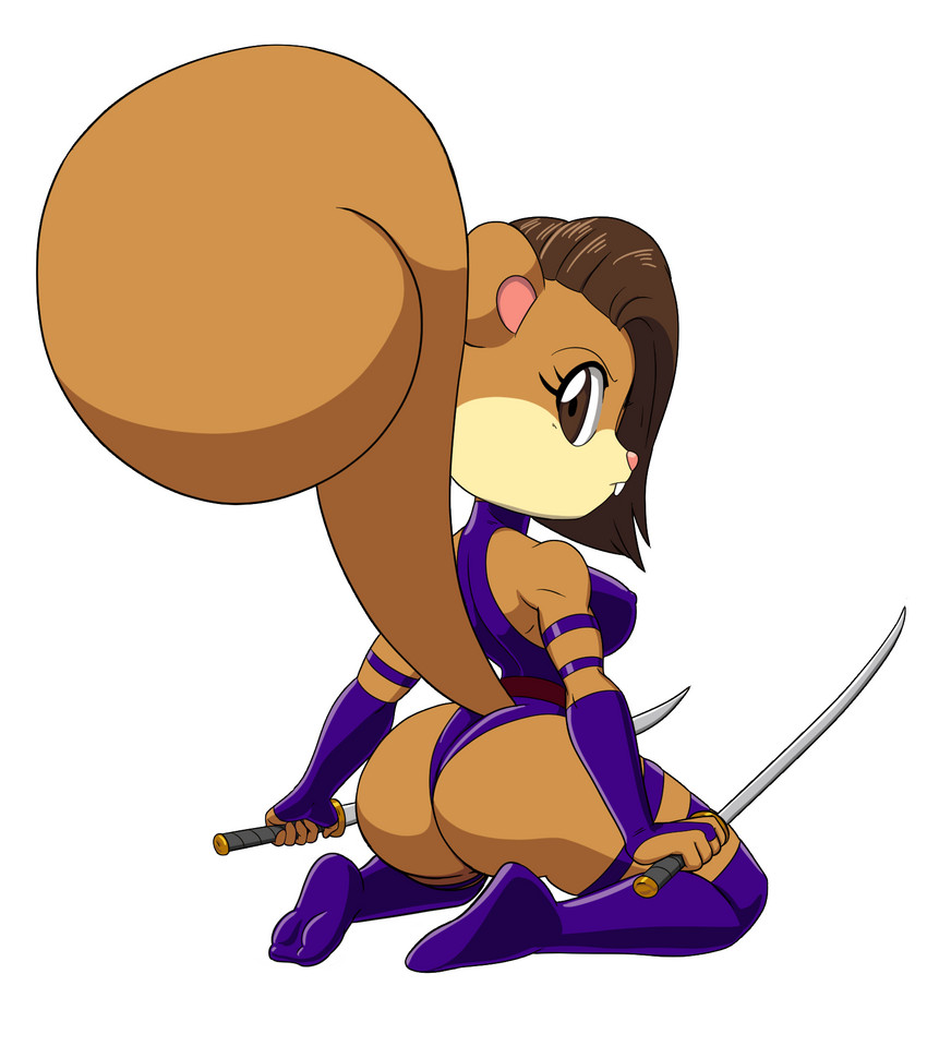 anthro armwear brown_eyes brown_hair buckteeth butt butt_pose clothed clothing cosplay crossover_cosplay dual_wielding elbow_gloves eyelashes female fingerless_gloves gloves hair handwear holding_melee_weapon holding_object holding_sword holding_weapon katana legwear leotard looking_back melee_weapon nipple_outline pink_nose pose purple_clothing simple_background solo sword teeth thigh_highs tight_clothing weapon white_background tansau marvel nickelodeon spongebob_squarepants x-men psylocke sandy_cheeks mammal rodent sciurid tree_squirrel 2020 crossover digital_media_(artwork) hi_res