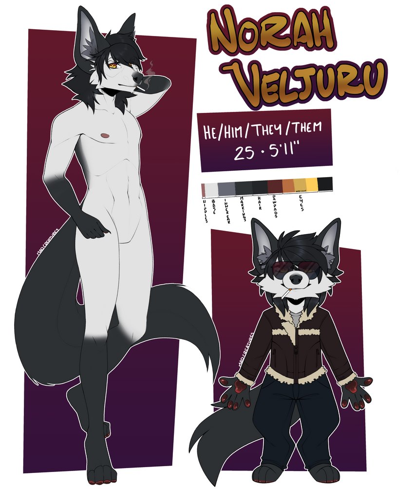 anthro biped cigarette color_swatch digitigrade fur grey_body grey_fur male solo text maddencreatures canid canine canis mammal wolf absurd_res digital_media_(artwork) english_text full-length_portrait hi_res model_sheet portrait