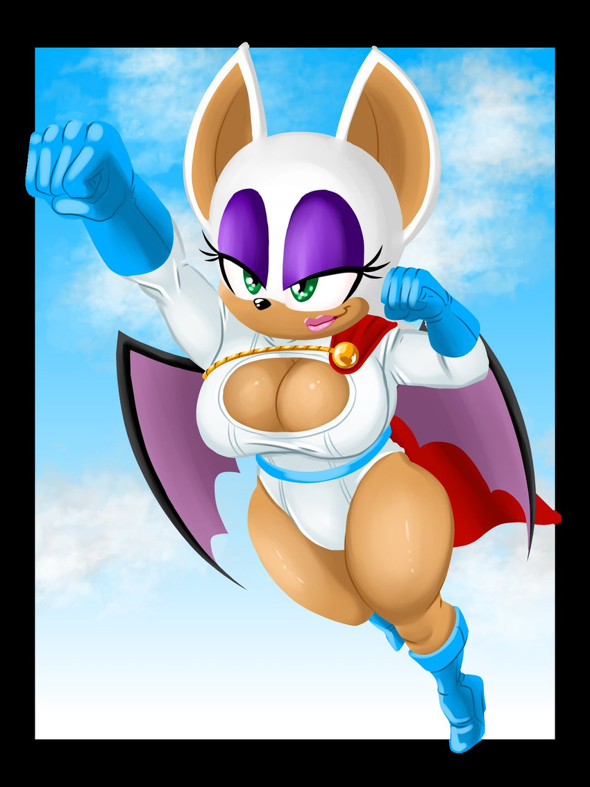 anthro bat_wings big_breasts big_ears black_border black_nose blue_boots blue_clothing blue_footwear blue_gloves blue_handwear boots border breasts cape cleavage_cutout clothing cosplay crossover_cosplay cutout eyelashes eyeshadow female footwear front_view fur gloves green_eyes handwear leotard lipstick makeup membrane_(anatomy) membranous_wings pink_lipstick purple_eyeshadow purple_wings red_cape red_clothing shoes sky smile solo tan_body tan_fur thick_thighs white_body white_clothing white_fur white_leotard wide_hips wings jbreak1 sega sonic_the_hedgehog_(series) power_girl rouge_the_bat bat mammal crossover hi_res