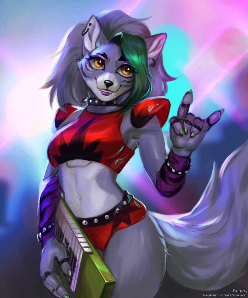 amber_eyes anthro armwear belt black_nose bottomwear bracelet breasts claws clothing collar countershade_face countershade_fur countershade_torso countershading devil_horns_(gesture) ear_piercing ear_ring facial_markings female finger_claws fluffy fluffy_tail front_view fur gesture green_claws green_highlights grey_body grey_fur hair hand_gesture head_markings highlights_(coloring) jewelry keyboard_instrument long_hair machine male markings midriff musical_instrument navel pattern_armwear pattern_clothing piercing purple_armwear purple_clothing red_bottomwear red_clothing red_topwear ring_piercing shoulder_guards solo spiked_belt spiked_bracelet spiked_collar spikes standing striped_armwear striped_clothing stripes tail text topwear white_body white_countershading felicia_cat five_nights_at_freddy's five_nights_at_freddy's:_security_breach scottgames steel_wool_studios roxanne_wolf animatronic canid canine canis mammal robot wolf 2024 artist_name dated digital_media_(artwork) hi_res portrait three-quarter_portrait url