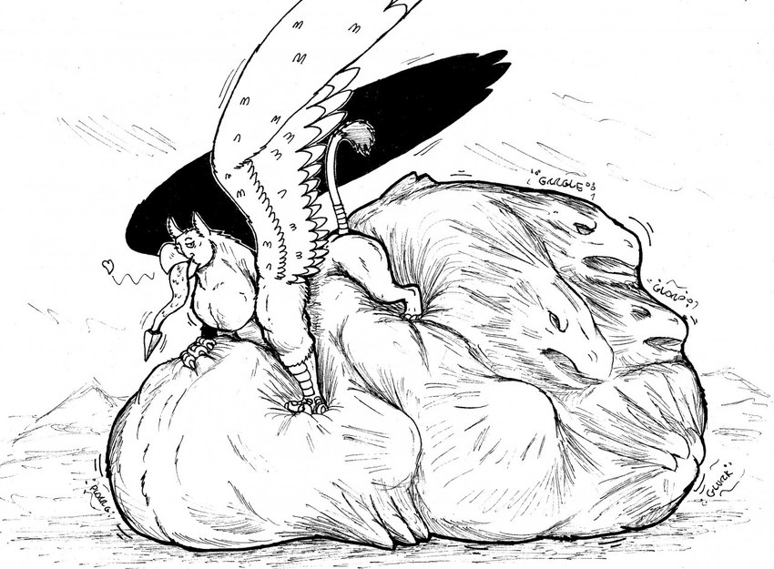 abdominal_bulge almost_fully_inside beak belly big_belly duo feral feral_pred feral_prey fully_inside lying male male_pred on_front onomatopoeia oral_vore partially_inside raised_tail size_difference smaller_pred smug sound_effects suspended_by_belly suspension swallowing tail tail_wraps text vore wings wraps thatgryphonguy european_mythology greek_mythology mythology jagg_(thatgryphonguy) avian gryphon hydra mythological_avian mythological_creature black_and_white monochrome