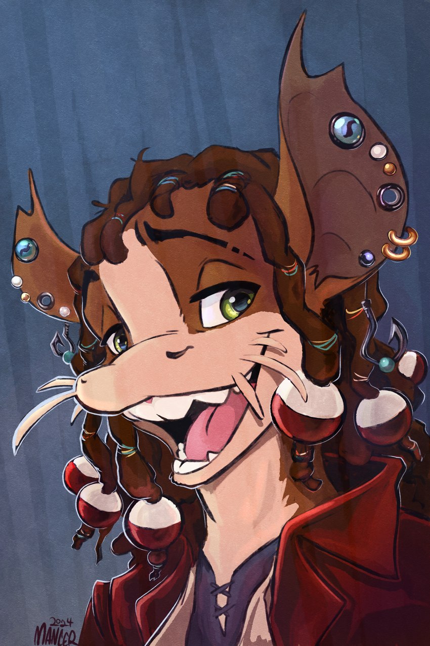 clothing coat gauged_ear_ring green_eyes red_clothing red_coat red_topwear smile topwear animancer catfish fish mammal marine mouse murid murine rat rodent sandy_(disambiguation) 2024 2:3 bust_portrait hi_res portrait