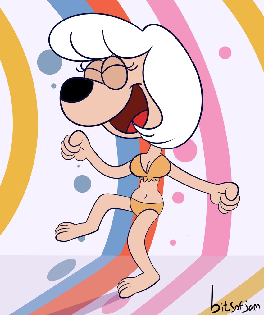 anthro bikini breasts cleavage clothed clothing dancing eyes_closed female fist hair midriff open_mouth solo swimwear two-piece_swimsuit white_hair bitsofjam janey_poodle underdog_(series) sweet_polly_purebred canid canine canis domestic_dog mammal 2023 absurd_res hi_res