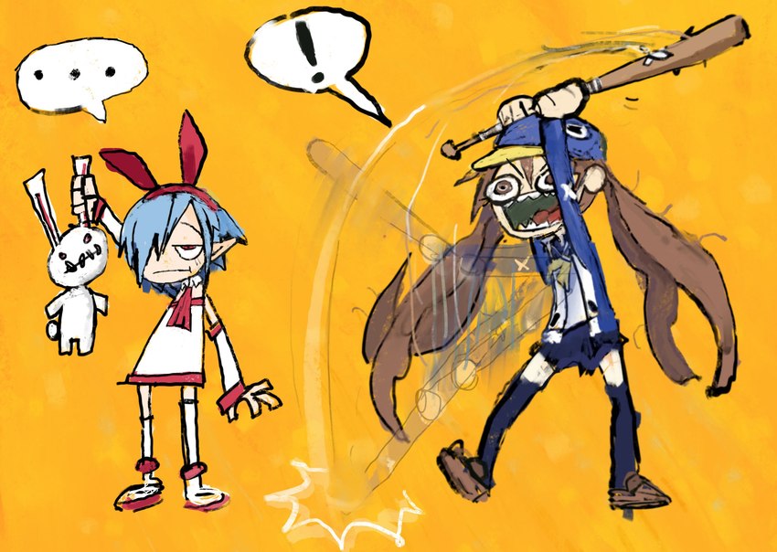 anthro bat_(object) clothing ellipsis exclamation_point hat headgear headwear humanoid_pointy_ears orange_background pointy_ears simple_background cate_wurtz disgaea nippon_ichi_software kazamatsuri_fuuka pleinair usagi-san demon demon_humanoid human humanoid lagomorph leporid mammal rabbit hi_res