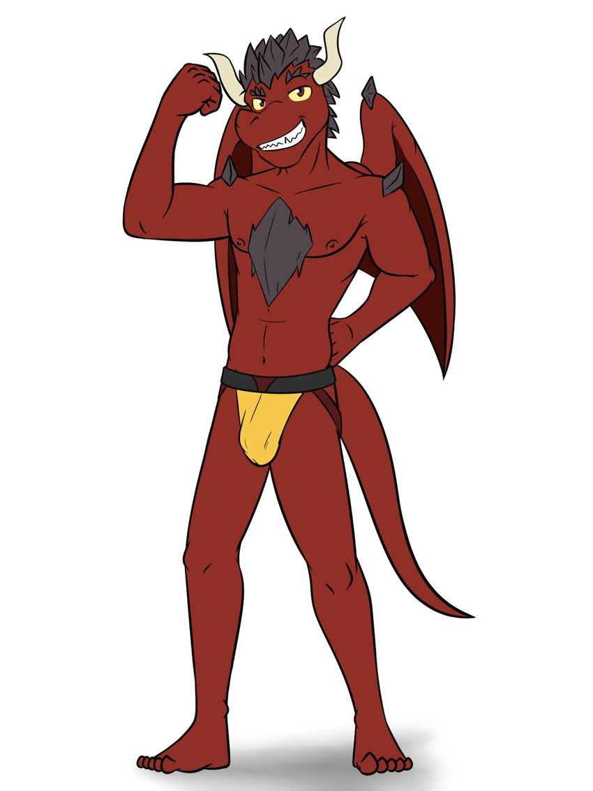 2_horns 5_fingers 5_toes anthro biped brown_eyes bulge clothed clothing facial_spikes feet fingers flexing flexing_bicep front_view horn jockstrap jockstrap_only male membrane_(anatomy) membranous_wings navel nipples plantigrade red_body red_nipples red_skin red_tail shadow simple_background solo spikes spikes_(anatomy) standing tail toes topless underwear underwear_only white_background white_horn wings yellow_clothing yellow_jockstrap yellow_sclera yellow_underwear fuze mythology six_legends junior_(six_legends) dragon mythological_creature mythological_scalie scalie 3:4 digital_drawing_(artwork) digital_media_(artwork) hi_res