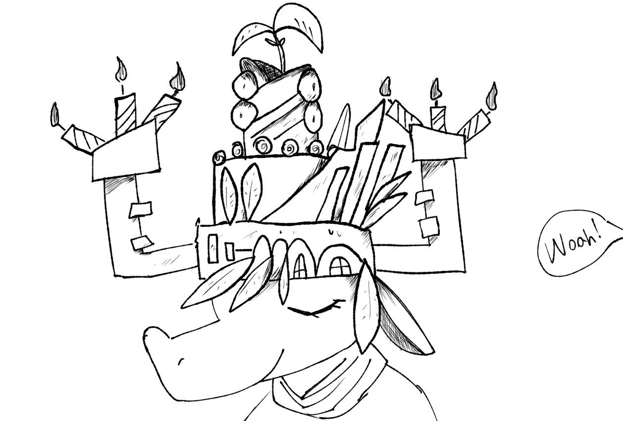 ambiguous_gender anthro black_text candle closed_smile clothed clothing dialogue exclamation_point eyelashes eyes_closed hat headgear headwear leaf mouth_closed simple_background smile solo speech_bubble text wearing_hat white_background sawlamander inktober mammal 2024 digital_media_(artwork) english_text monochrome