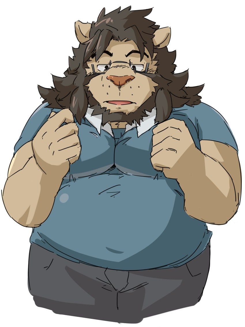 anthro bottomwear clothing eyewear glasses humanoid_hands kemono male overweight overweight_anthro overweight_male pants shirt simple_background solo topwear white_background train_(artist) felid lion mammal pantherine 2021 hi_res