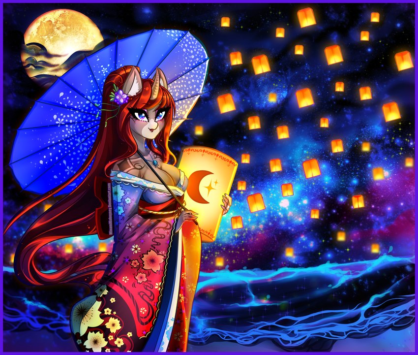 accessory anthro asian_clothing beach blush breasts cleavage clothed clothing cloud coat_markings cosmic_background east_asian_clothing female floating flower flower_in_hair flowing_hair flowing_mane full_moon hair hair_accessory holidays horn inner_ear_fluff japanese_clothing jewelry kimono lamp lantern long_hair markings mature_female moon necklace paper_lantern plant plantigrade pregnant pregnant_anthro pregnant_female sea seaside sky sky_lantern smile snip_(marking) solo star starry_background starry_sky tuft umbrella wagasa water wave minamikoboyasy chinese_new_year mythology fan_character selune_darkeye equid equine mammal mythological_creature mythological_equine unicorn absurd_res hi_res