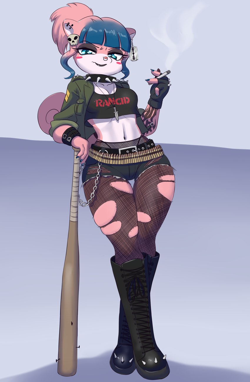 aged_up anthro baseball_bat bat_(object) black_boots black_clothing black_collar black_footwear black_shirt black_topwear blue_eyes blue_hair boots bottomwear breasts cigarette cleavage clothed clothing collar combat_boots ear_piercing ear_ring facial_piercing female fishnet_stockings footwear fur green_clothing green_jacket green_topwear hair hotpants jacket jewelry knee_boots knee_highs legwear looking_at_viewer medium_breasts necklace nose_piercing nose_ring piercing pink_body pink_fur pink_hair ponytail ring_piercing septum_piercing septum_ring shirt shoes shorts solo spiked_boots spiked_clothing spiked_collar spiked_footwear spikes stockings text text_on_clothing text_on_shirt text_on_topwear thick_thighs thigh_gap topwear torn_clothing torn_legwear torn_stockings mr-shin twiggy_(mr-shin) mammal rodent sciurid tree_squirrel 2024 absurd_res hi_res