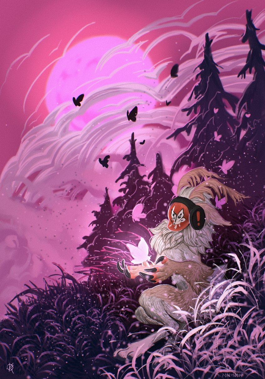 ambiguous_gender anthro armor claws cloud dust electronics evergreen_tree fur glowing headgear headphones helmet holding_object moon neck_tuft pine_tree pink_light plant solo tree tuft ponynok alien ambient_arthropod ambient_butterfly ambient_insect arthropod butterfly insect lepidopteran digital_media_(artwork) digital_painting_(artwork) hi_res