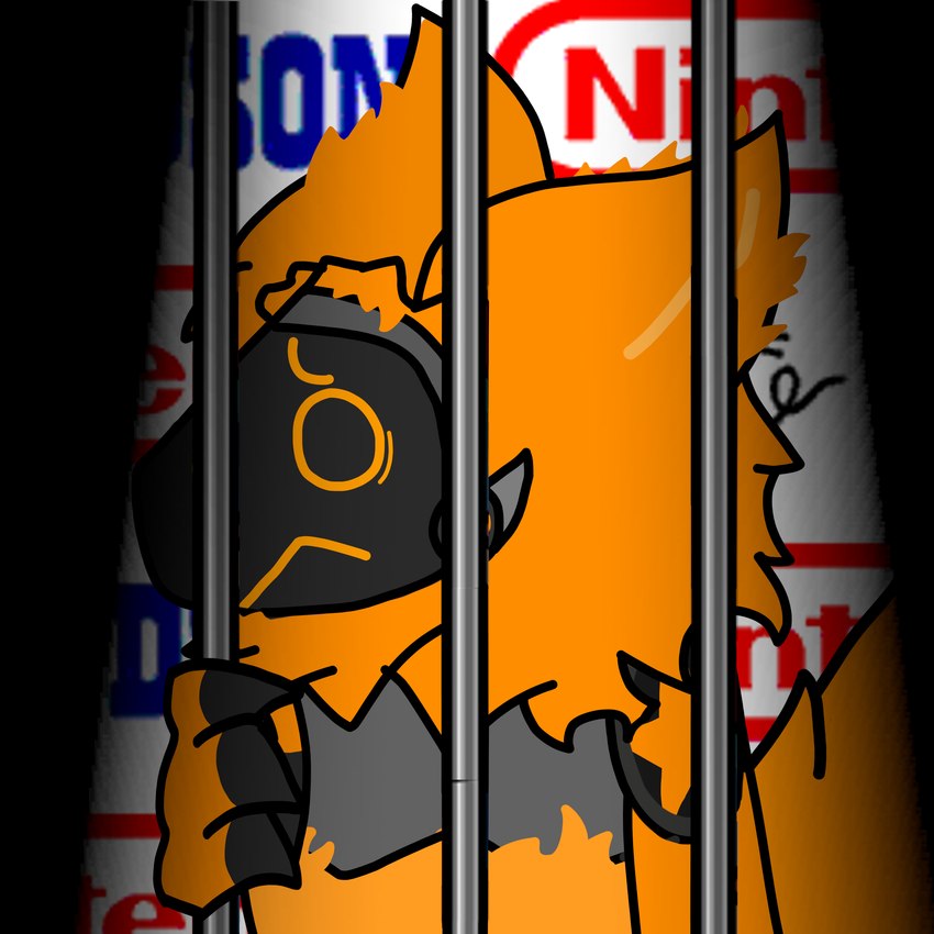 anthro fur iron_bars machine male orange_body orange_fur orange_visor prisoner sad timmy_the_protogen protogen 1:1 absurd_res digital_drawing_(artwork) digital_media_(artwork) hi_res