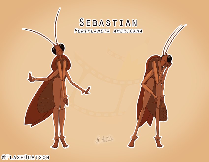 antennae_(anatomy) anthro arthropod_abdomen compound_eyes headless holding_head insect_wings looking_at_viewer male multi_arm multi_limb orange_background simple_background solo wings flashquatsch sebastian_(flashquatsch) arthropod blattodea cockroach insect model_sheet