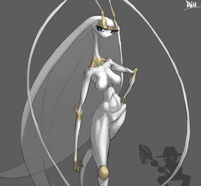 antennae_(anatomy) anthro belly big_hair blue_eyes breasts claws clothing crouching crown eyelashes featureless_breasts featureless_crotch female glistening glistening_eyes gold_claws grey_background hair hat headgear headwear joints long_arms long_hair long_legs long_neck looking_at_another looking_at_viewer net pupils simple_background solo standing white_body white_hair white_pupils yellow_crown deu nintendo pokemon bug_catcher_(pokemon) animal_humanoid arthropod arthropod_humanoid blattodea cockroach cockroach_humanoid generation_7_pokemon human humanoid insect insect_humanoid mammal pheromosa pokemon_(species) ultra_beast 2023 artist_name colored_sketch digital_media_(artwork) hi_res sketch