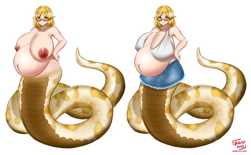 apode areola belly big_belly big_breasts breasts cleavage clothed clothing eyewear female glasses huge_breasts legless looking_at_viewer nipples off/on pregnant serpentine solo split_form bayoshii draconcopode humanoid lamia reptile scalie snake absurd_res hi_res multiple_versions