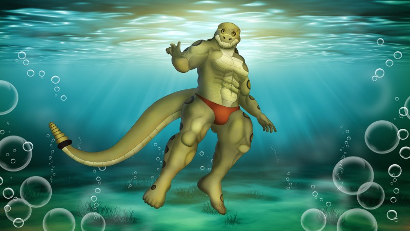 anthro barefoot biped clothed clothing feet looking_at_viewer male muscular muscular_anthro muscular_male solo swimwear underwater water persegan scalie 16:9 4k absurd_res hi_res widescreen