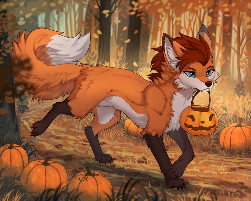 autumn autumn_leaves claws day dry_grass ears_up female feral fluffy fluffy_tail food frown fruit grass holidays light object_in_mouth paintbrush_tail plant plastic_pumpkin pumpkin raised_leg shrub solo sunlight tail walking ketty halloween samantha_(syronck01) canid canine canis fox mammal 2024 5:4